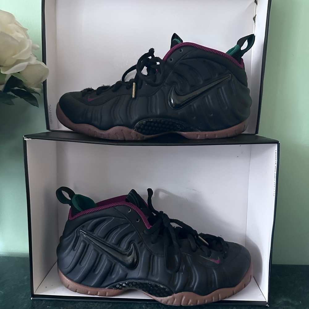 Nike Kids' Foamposite Sneakers in Black with Purple and Green Accents